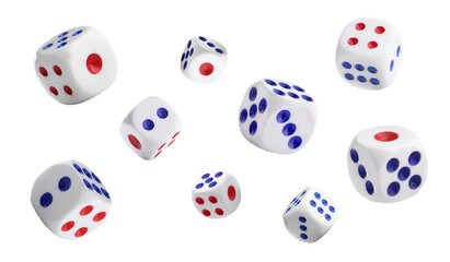 Set of many flying dices on white background