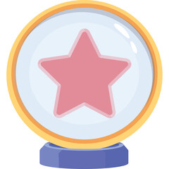 Pink Star Inside Transparent Round Emblem With Golden Border On Blue Stand In Flat Design Style