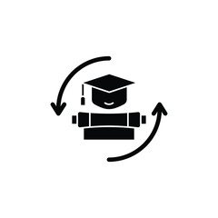 A black silhouette icon depicting a graduation cap and diploma with circular arrows, symbolizing education exchange or continuous learning.