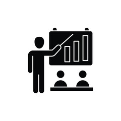 A person presenting a bar chart to an audience, representing a business meeting or educational session.