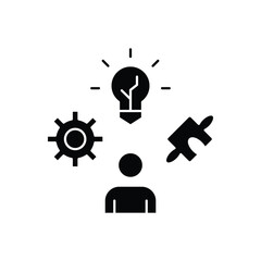 A person surrounded by symbols of ideas, process, and problem-solving, representing skills and innovation.