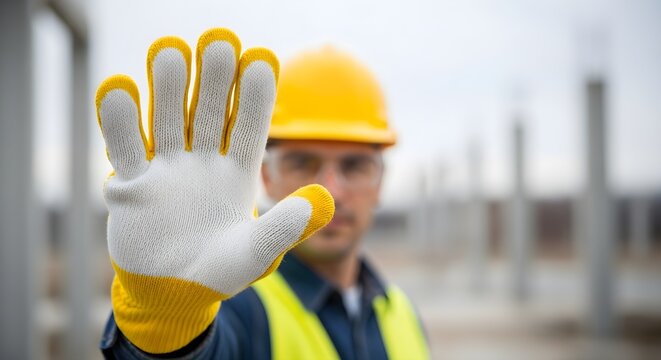 Construction Worker Signaling Stop with Hand at Construction Site Wearing Hard Hat