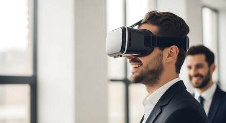 Experience the Future Man Immersed in Virtual Reality with Colleague Nearby