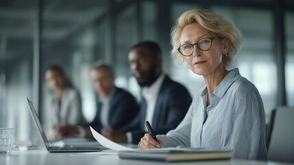 Businesswoman at a meeting with diverse colleagues takes notes thoughtfully. Suitable for business articles, presentations, and social media posts about diversity and teamwork in corporate settings. 