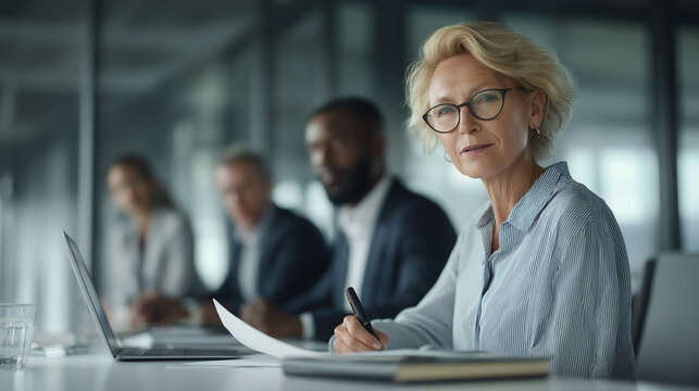 Businesswoman at a meeting with diverse colleagues takes notes thoughtfully. Suitable for business articles, presentations, and social media posts about diversity and teamwork in corporate settings. 