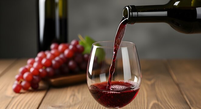 Pouring Red Wine into Glass near Grapes on Wooden Table for Tasting Event