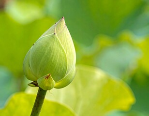 Elegant close-up of a vibrant green lotus bud against a blurred background