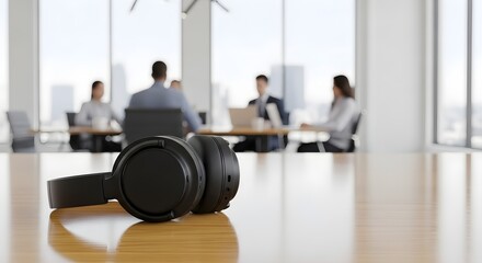Fototapeta premium Workplace Harmony Black Headphones on a Desk with Blurred Business Meeting