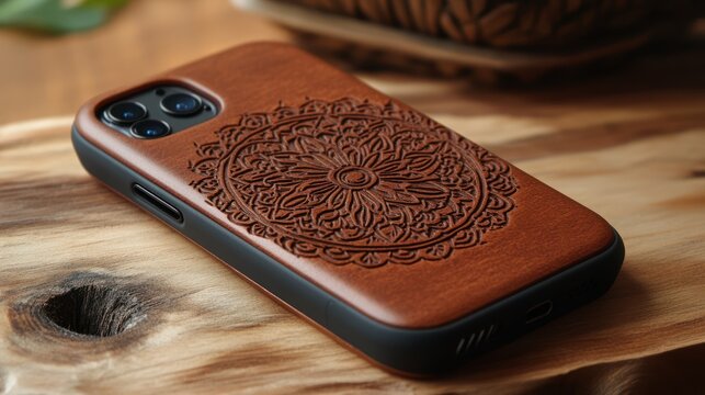 Wooden phone case, intricate design, natural wood grain, close-up shot, showcasing craftmanship