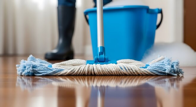 Cleaning Hardwood Floors with a Mop Fresh Start and Shiny Reflection - Powered by Adobe