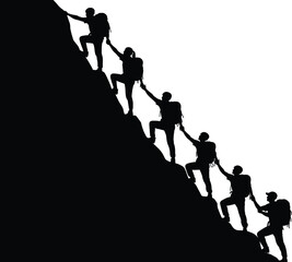 Silhouette of hikers climbing a mountain with backpacks, helping each other reach the top, representing teamwork, leadership, and adventure, vector illustration