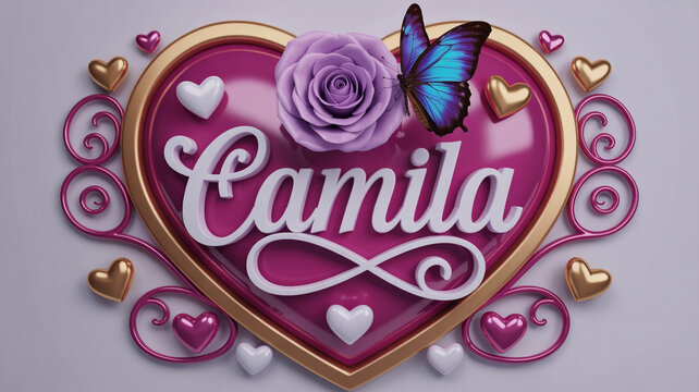 Illustration of camila name in heart shape with rose and butterfly isolated on white background
