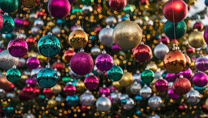 Hundreds of vibrant Christmas ornaments creating magical holiday bokeh display with golden lights
