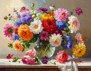 Floral still life painting featuring a vibrant bouquet in a glass vase on a table
