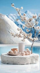 A serene scene featuring a blossoming branch, decorative stones, and a vase set against a backdrop of snow-capped mountains and a clear blue pool.