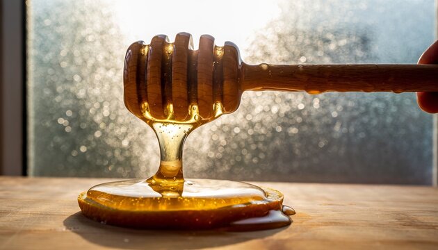 Golden honey cascading from traditional wooden dipper onto rustic table with dreamy bokeh background lighting