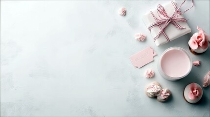 A flat lay composition featuring a white gift box tied with pink ribbon, a pink candle, and various pink sweets and meringues on a light blue background.