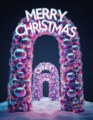 Luminous Christmas archway adorned with iridescent baubles and twinkling lights creating magical holiday entrance