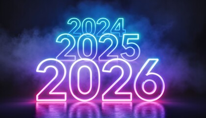 Electric Neon Numbers 2024 2025 2026 Glowing Against Smoky Purple Blue Background for Future Planning Concepts