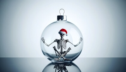Whimsical skeleton wearing Santa hat sits inside transparent Christmas ornament with silver cap