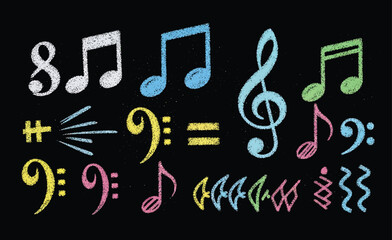 Collection of hand drawn musical notes in chalk isolated on black background