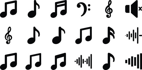 Collection of black music notes and symbols isolated on white background vector elements for music design, melody, sound, and rhythm