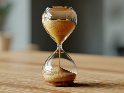 Gold hour hourglass sand timer on wooden table, glass timer with flowing golden sand, time concept with warm light and shallow depth of field