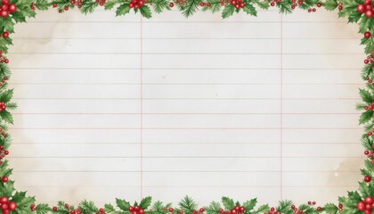 Vintage lined paper background adorned with festive holly berries and evergreen garland border for holiday correspondence