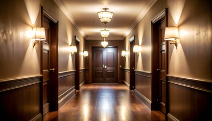 Elegant Hotel Corridor with Warm Sconce Lighting and Rich Mahogany Doors Leading to Executive Suites