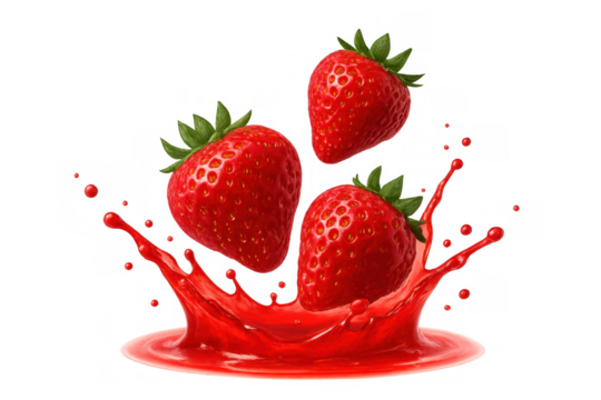 Strawberries splashing into red juice, fresh ripe fruit creating a sweet liquid explosion, transparent background
