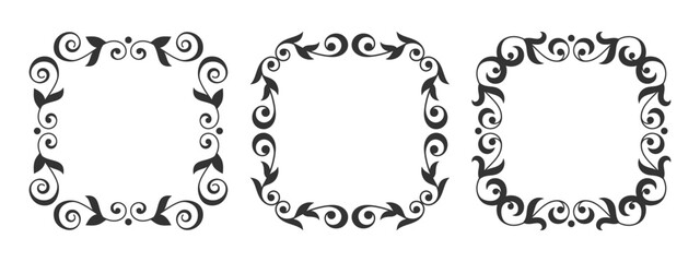 Square ornamental frame set. Floral decorative border edge. Vintage outline curved filigree abstract natural motif. Detailed elegant lace trim, symmetric pattern. Emblem template copy space