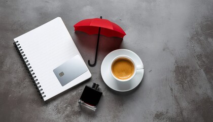 Urban Travel Essentials Featuring Red Umbrella Coffee Notebook and Metro Card on Concrete Surface