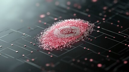A digital fingerprint is formed from pink particles on a dark circuit board with glowing nodes.