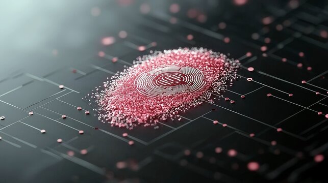 A digital fingerprint is formed from pink particles on a dark circuit board with glowing nodes.