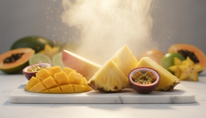 Tropical fruit medley featuring golden mango cubes, fresh pineapple wedges and halved passionfruit with ethereal steam rising