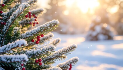 Delicate frost crystals coating pine needles adorned with crimson berries in ethereal winter sunlight