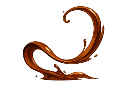Chocolate splash and swirl creating dynamic liquid waves with flowing brown melted sauce, transparent background