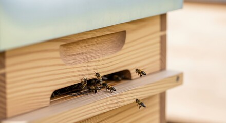 Bees entering wooden beehive close-up