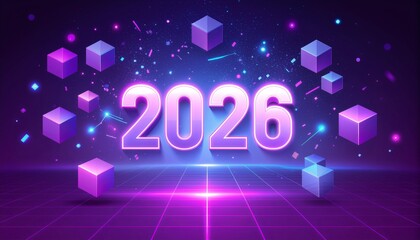 Vibrant 2026 neon celebration with floating geometric cubes in cosmic purple digital space