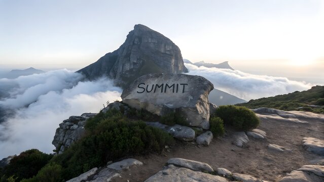 Stone inscription summit on a mountain peak above the clouds