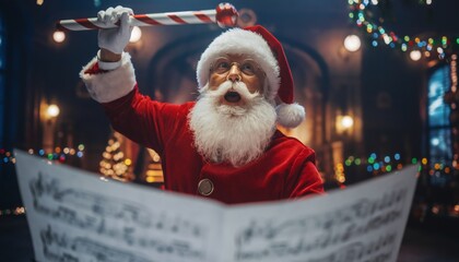Santa Claus dramatically conducting choir with candy cane baton amid twinkling Christmas lights and festive holiday decorations