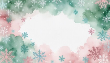 Dreamy watercolor holiday backdrop with delicate snowflakes scattered across dusty rose and forest green washes