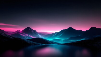Ethereal magenta teal gradient illuminates dramatic mountain silhouettes reflected in tranquil alpine lake waters