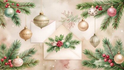 Delicate watercolor Christmas envelope surrounded by festive ornaments and evergreen branches in soft vintage tones
