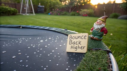 Trampoline with morning dew and motivational message bounce back higher outdoors