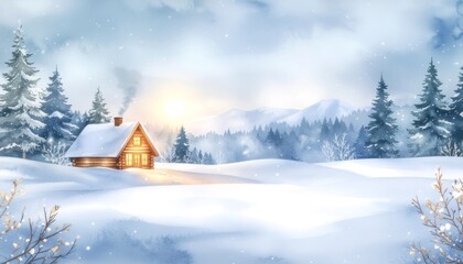 Watercolor postcard with soft alpine snow scene in muted blue and white, warm cabin lights glowing through winter evening