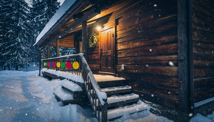Enchanting Log Cabin Porch Adorned with Holiday Garland During Magical Snowfall Evening