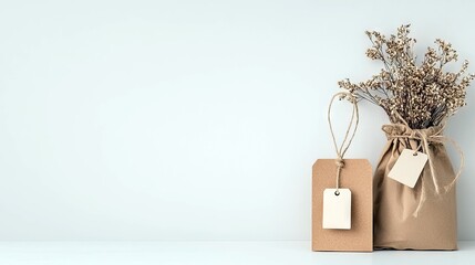 A rustic arrangement of dried flowers in a brown paper bag sits next to a large brown gift tag with a smaller tag attached.