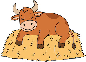 Adorable Ox Resting Peacefully on a Haystack