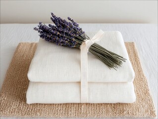 A bundle of dried lavender tied with a cream ribbon is placed on top of two neatly folded white linen cloths, which sit on a textured beige mat.